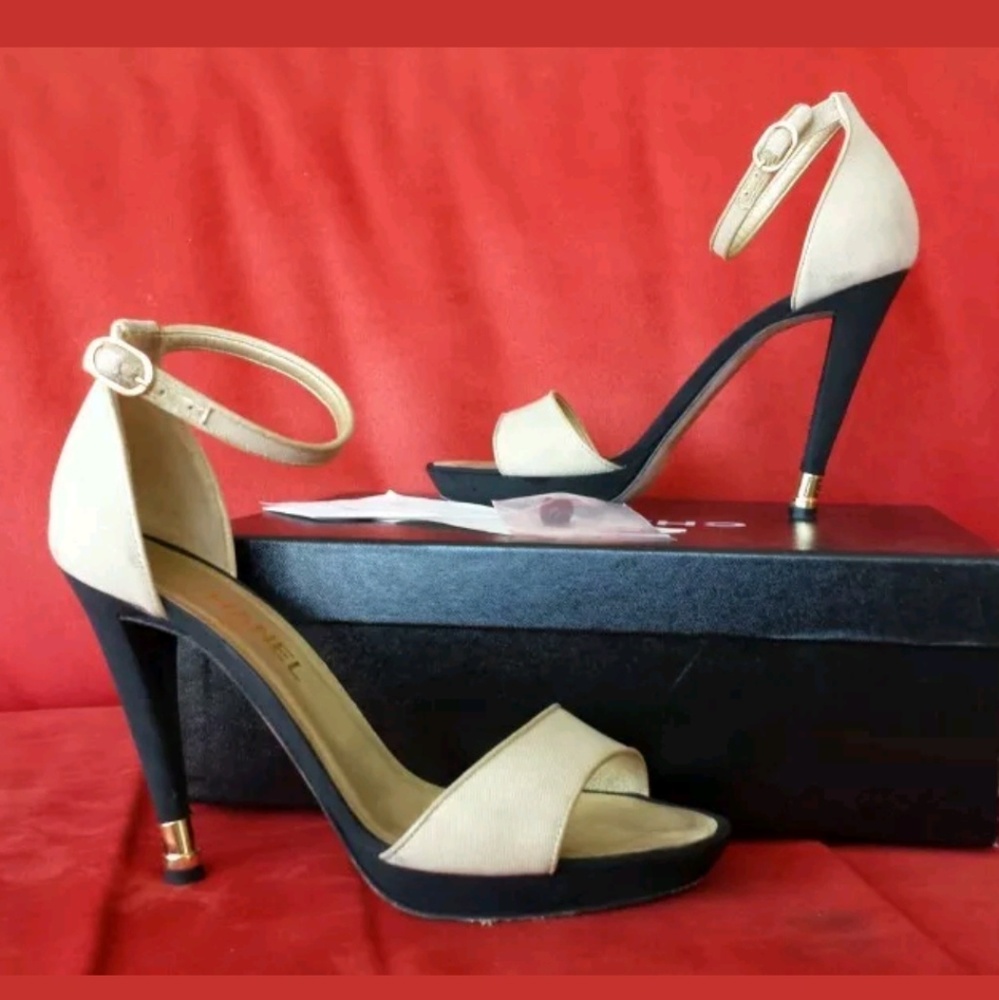 CHANEL Gold Beige Black Sandals Platform 2012 40.5